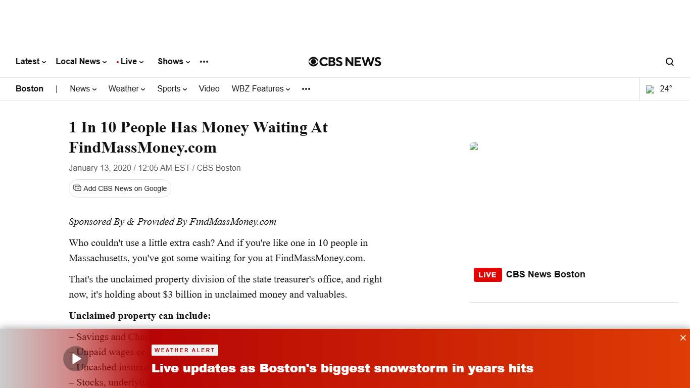 1 In 10 People Has Money Waiting At FindMassMoney.com - CBS Boston