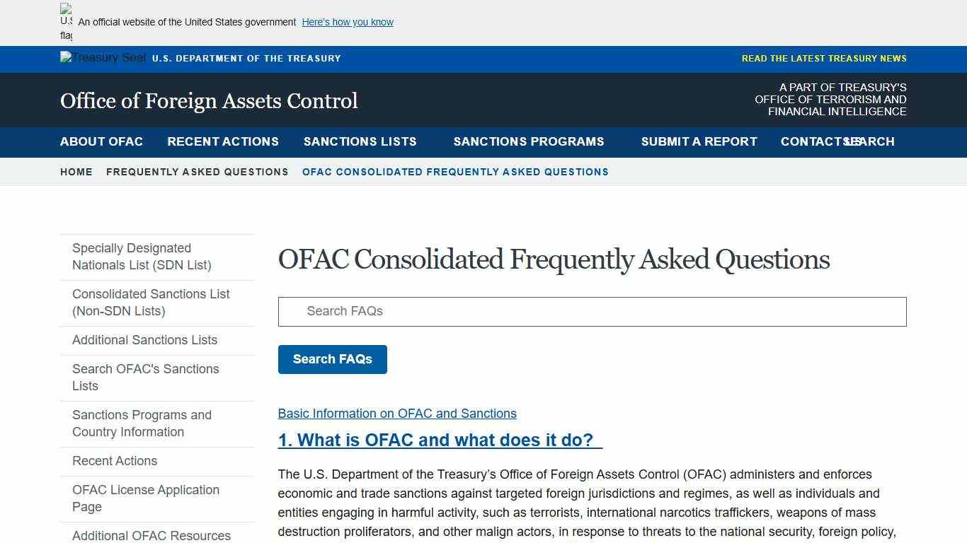 OFAC Consolidated Frequently Asked Questions Office of Foreign Assets Control